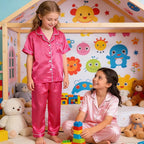 Hupohoi Unisex Girls Boys Kids Pajama Sets Button Down Satin Sleepwear Nighty 3PCS Silky Lounge Sets Nightwear