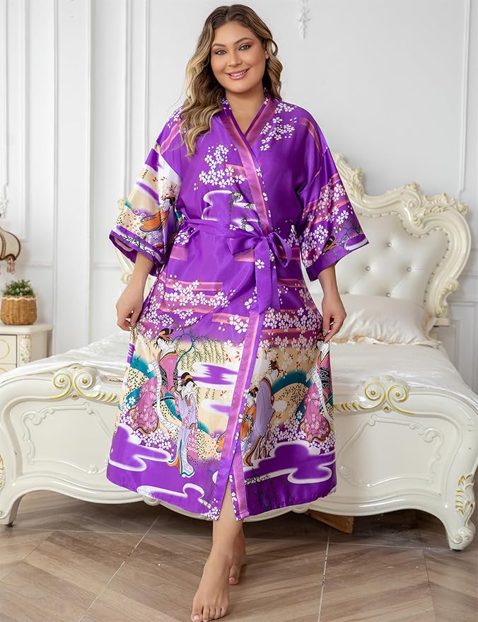 Women's Floral Long Satin Robes Plus Size Long Silk Robes Peacock Floral Kimonos Sleepwear Dressing Gown