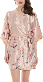 Women Kimono Robes Satin Dressing Gown Crane and Blossoms Sleep Lounge Nightwear Short Silk Bride Bridesmaid Robe