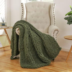 WESHIONGOO Chunky Knit Blanket Throw 51"×63" Knitted Throw Blankets for Couch Bed Fluffy Soft Blanket with Jumbo Chenille Yarn Thick 100% Handmade (Olive Green)