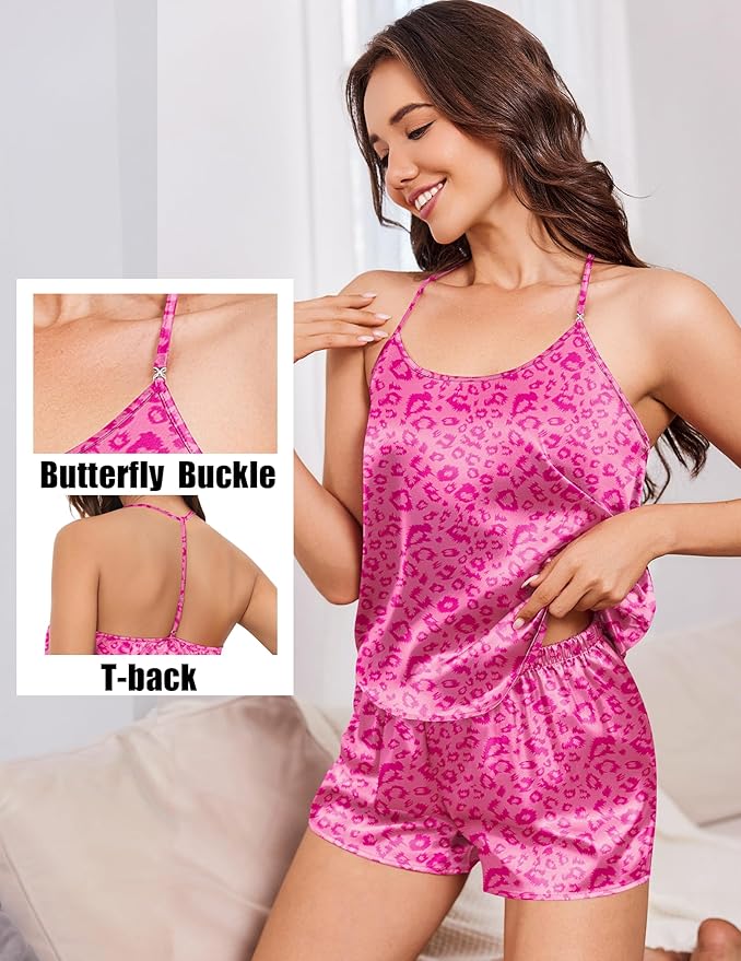 Ekouaer Silk Satin Pajamas Set for Women T-back Lingerie Pjs Cami Top and Shorts Sleepwear Gift for Honeymoon Party