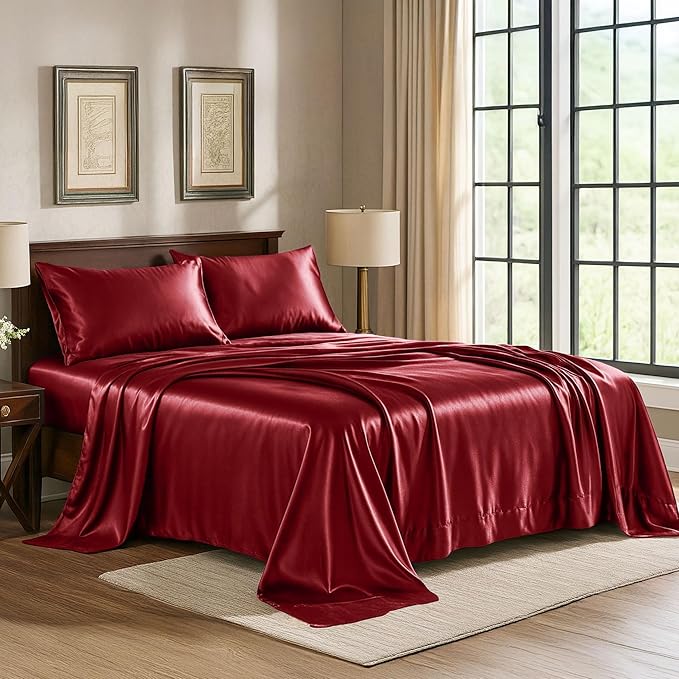 Satin Sheets Twin [3-Piece, Burgundy] Hotel Luxury Silky Bed Sheets - Extra Soft 1800 Microfiber Sheet Set, Wrinkle, Fade, Stain Resistant - Deep Pocket Fitted Sheet, Flat Sheet, Pillow Cases