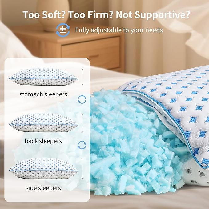 Memory Foam Pillows 2 Pack – Adjustable Loft Cooling Pillows Standard Size Set of 2 for Sleeping, Firm, Supportive, and Breathable Design for Hot, Side, Back, and Stomach Sleepers