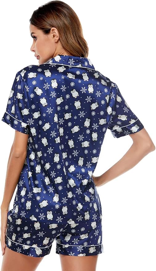 SWOMOG Womens Silk Satin Pajamas Set Short Sleeve Sleepwear Button Down Top and Shorts Loungewear 2 Piece Pjs Set XS-3XL