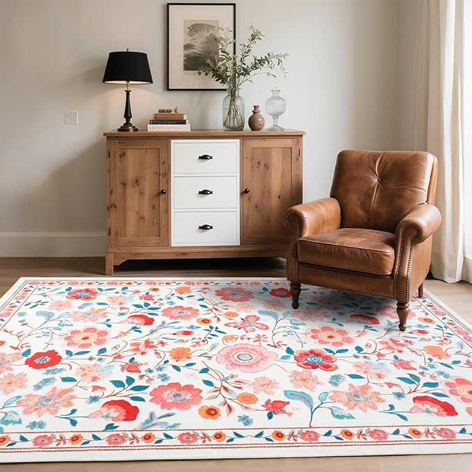 CRYPTOLITE Floral Area Rug 5x8 Rugs, Machine Washable Rug Non-Slip Low Pile Rug for Living Room, Bedroom, Farmhouse, Dining Room, Beige