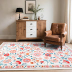 CRYPTOLITE Floral Area Rug 5x8 Rugs, Machine Washable Rug Non-Slip Low Pile Rug for Living Room, Bedroom, Farmhouse, Dining Room, Beige