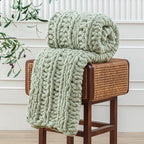 WESHIONGOO Chunky Knit Blanket Throw 40"×60" Knitted Throw Blankets for Couch Bed Fluffy Soft Blanket with Jumbo Chenille Yarn Thick 100% Handmade(Sage Green, Medium Size Throw)