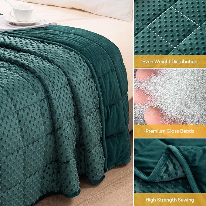 Wemore Minky Dot Weighted Blanket for Adults Queen Size 15 lb, Soft Heavy Blanket for Stress Relief and Sleep Promotion, Breathable Blanket for All-Season with Glass Beads, Dark Green 60 x 80 inches