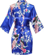 Women's Short Kimono Robes Bride and Bridesmaid Satin Floral Bathrobe Peacock Sleepwear Dressing Gown for Wedding Party