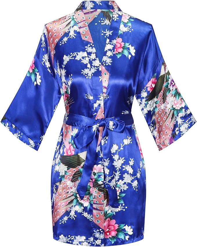 Women's Short Kimono Robes Bride and Bridesmaid Satin Floral Bathrobe Peacock Sleepwear Dressing Gown for Wedding Party