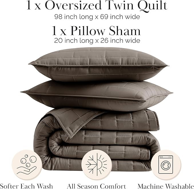 Southshore Fine Living, Inc. Oversized Quilt Bedding Set, Twin XL Quilts with Matching Quilted Pillow Sham, Brick Pattern Stitching, Soft Quilted Coverlet, Lightweight Twin Bedspread Set, Dark Taupe