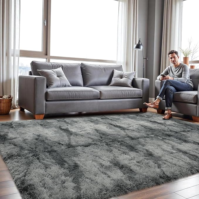 junovo 4x6 Fluffy Shaggy Area Rugs - Ultra Soft Washable High Pile Bedroom Rug for Kids, Living Room, Nursery & Dorm - Non-Slip Floor Carpet, Grey Aesthetic Home Decor