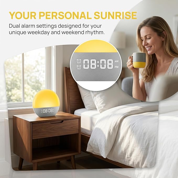 Sunrise Alarm Clock & White Noise Machine, Effective Alarm Clocks for Deep Sleepers, Bluetooth Speaker Wake Up Light, Sunset Simulation, 30 Soothing Sounds, FM Radio, USB Phone Charging Port