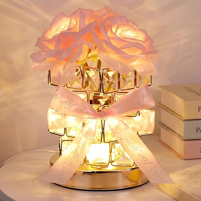 VIHOSE Rose Flower Lamp Mother Gift Crystal Table Lamp for Bedroom 3 Color Dimming Pink Night Light Birthday Gifts for Women Mom Girlfriend Wife