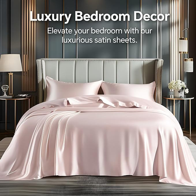 BEDELITE Satin Sheets Twin XL Size Bed Set, Luxury Soft Pink Silky Sheets for Hair and Skin, Similar to Silk Bed Sheets Set 3 Pieces with 1 Deep Pocket Fitted Sheet, 1 Flat Sheet, and 1 Pillowcase