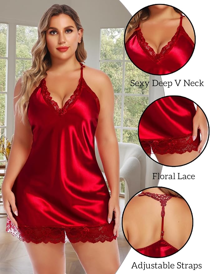 Avidlove Women Lingerie Plus Size Satin Lace Chemise Nightgown Sexy Full Slips Sleepwear L-4XL