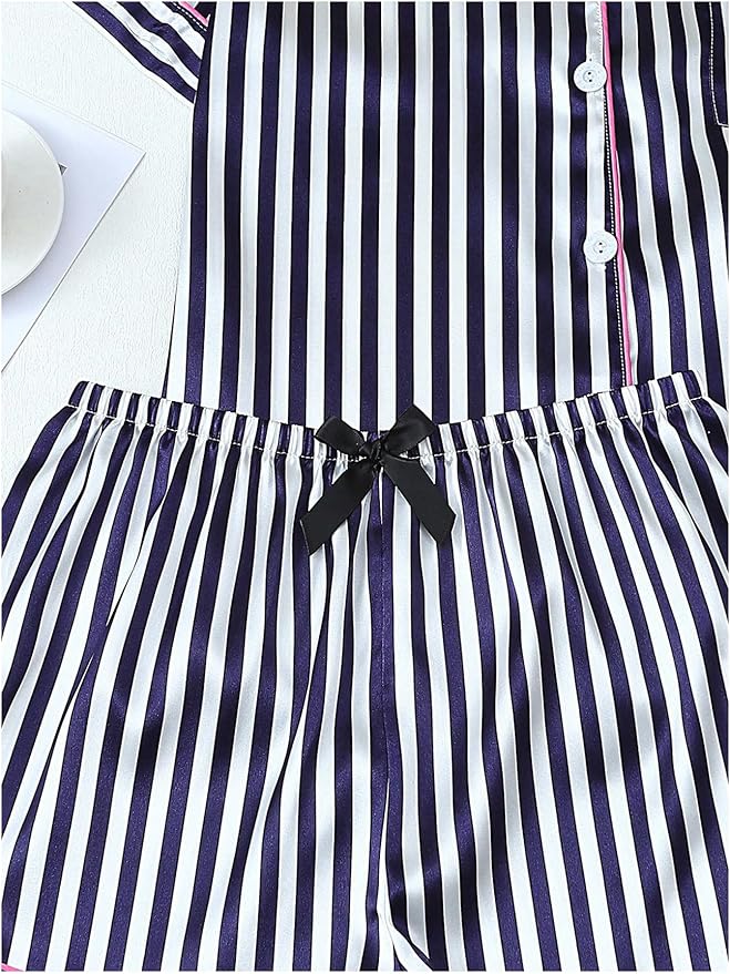 WDIRARA Women's Sleepwear Satin Short Sleeve Shirt and Shorts Pajama Set