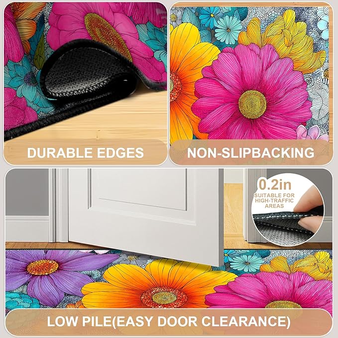 Floral Area Rug 2x3 ft Entry Rug Washable Boho Rugs Non Slip Low Pile Spring Floral Door Mat Small Carpet for Bedroom, Bedside, Kids Room, Office, Dining Room
