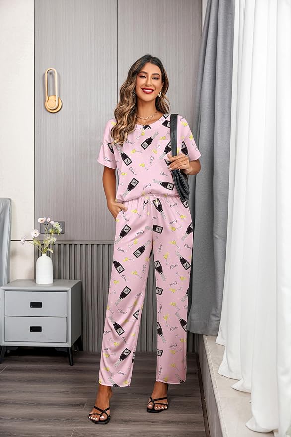 Ekouaer Womens Satin Silky Pajama Set Short Sleeve Shirt with Long Pajama Pant Set Soft PJ Loungewear