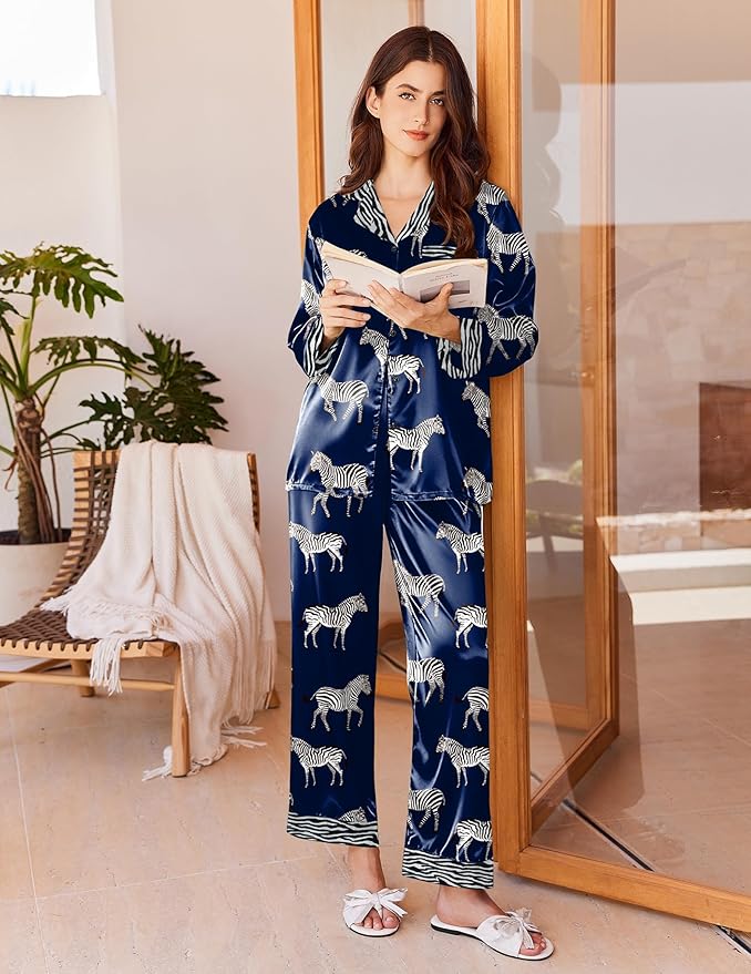 Ekouaer Silk Pajamas for Women Long Sleeve Satin Pajama Set Silky Pj Sets 2 Piece Button Down Loungewear Sleepwear