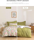 ALEISSEL Luxurious Cotton 3pcs Floral Comforter Sets Queen Size - Blush, Yellow & Blue Spring Garden Floral Prints on White, Warm Olive Green Reverse,Vintage Lightweight Bedding Sets(Queen 90"×90")