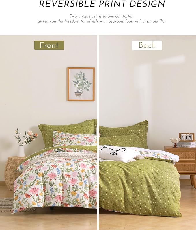 ALEISSEL Luxurious Cotton 3pcs Floral Comforter Sets Queen Size - Blush, Yellow & Blue Spring Garden Floral Prints on White, Warm Olive Green Reverse,Vintage Lightweight Bedding Sets(Queen 90"×90")