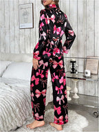 WDIRARA Women's 2 Piece Bowknot Print Satin Pajama Set Long Sleeve Button Down Lounge Pants Sleepwear Sets