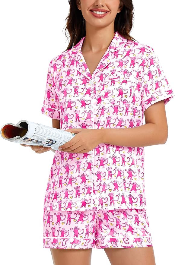 LecGee Womens Silk Satin Pajamas Short Sleeve Loungewear Two-Piece Sleepwear Button-Down Pj Set