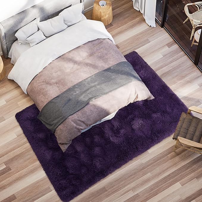 Softlife Dark Purple Area Rug for Living Room, Fluffy Shag Plush 5.3x7.6 Rugs for Bedroom Girls, Shaggy Soft Fuzzy Kids Large Carpet for Dorm Bedside Ultra Cozy Non-Slip Indoor Decor