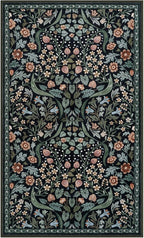 Lahome Claude Floral 3x5 Entryway Rug, Soft Washable Bedroom Area Rugs, Botanical Non-Slip Small Black Carpet for Bedside, Entrance, Dorm, Nursery, Living Room
