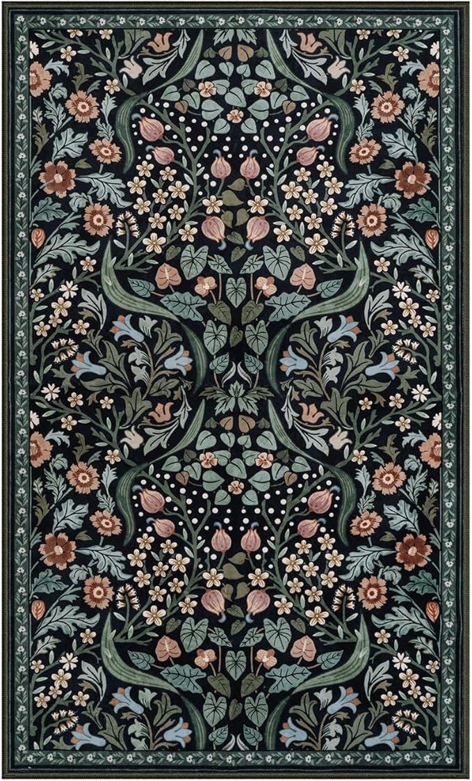 Lahome Claude Floral 3x5 Entryway Rug, Soft Washable Bedroom Area Rugs, Botanical Non-Slip Small Black Carpet for Bedside, Entrance, Dorm, Nursery, Living Room