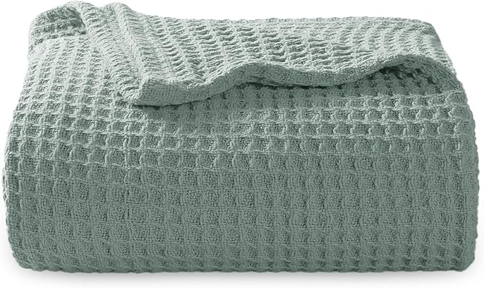 Bedsure Gentlesoft 100% Cotton Throw Blanket for Couch 50x70 inches - Cooling Breathable and Soft for Spring Summer, Waffle Weave Throw Blanket for Office, Sage Green