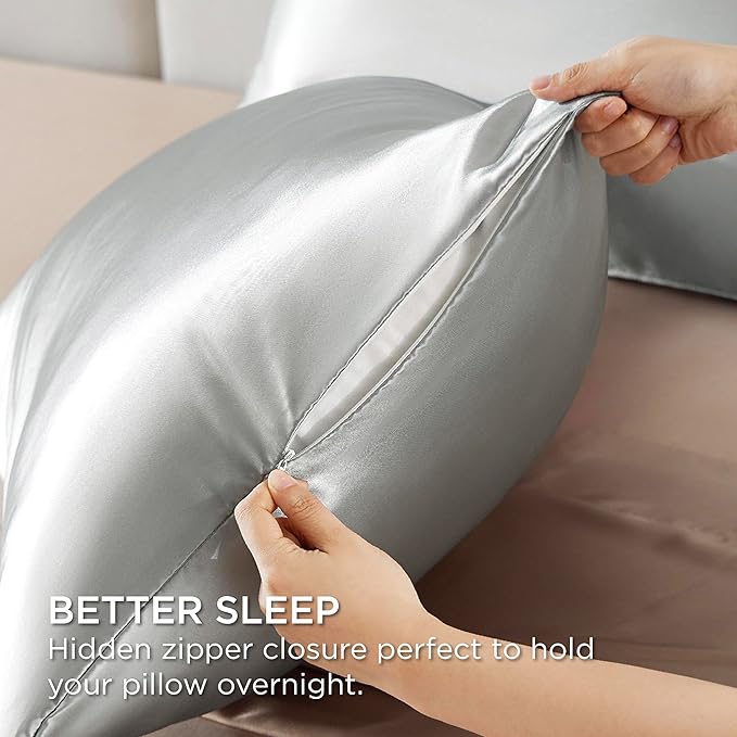 Bedsure Satin Pillowcase with Zipper, Similar to Silk Pillow Cases 2 Pack, Satin King Size Pillow Cases Set of 2, Silky & Soft Pillow Cover for Hair and Skin, Gifts for Women Men, Grey, 20x36 Inches
