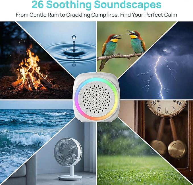 Portable Sound Machine for Baby Sleep, 26 White Noise Sound Machine, 9 Color, Timer & Memory Function White Noise Sound Machine for Baby Adults, Office, Privacy Hotel (Mini)