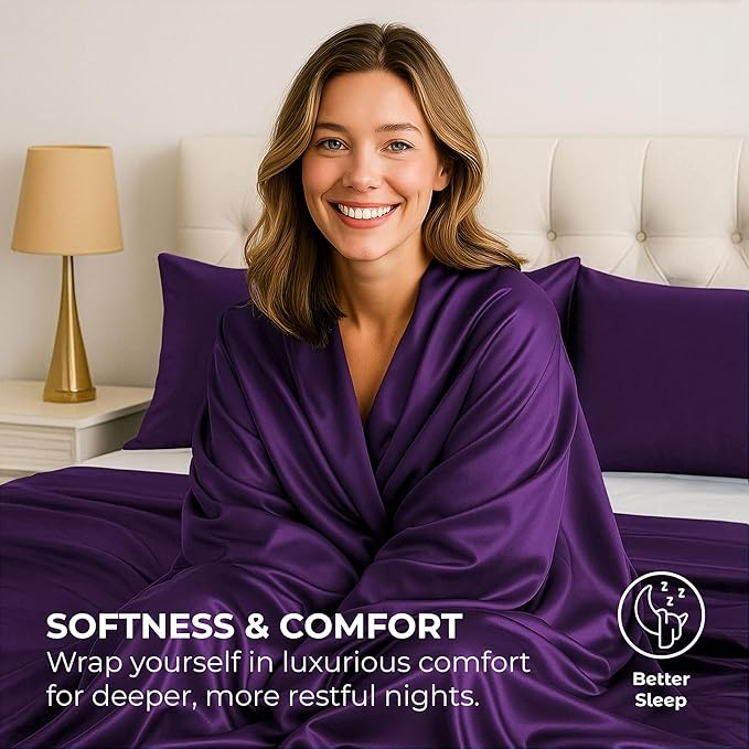 Satin Sheets King [4-Piece, Purple] Hotel Luxury Silky Bed Sheets - Extra Soft 1800 Microfiber Sheet Set, Wrinkle, Fade, Stain Resistant - Deep Pocket Fitted Sheet, Flat Sheet, Pillow Cases