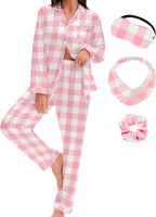 EPLAZA Silk Pajamas for Women Satin Pajamas Set 5 Pcs Long Sleeve Print Pattern Button Down Pjs Sleepwear Loungewear Set