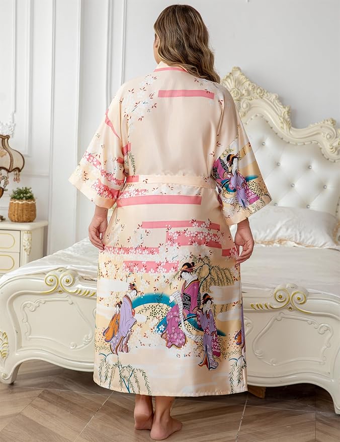 Women's Floral Long Satin Robes Plus Size Long Silk Robes Peacock Floral Kimonos Sleepwear Dressing Gown