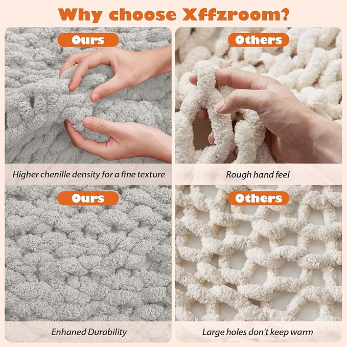 Chunky Knit Blanket Throw, 50x60inch Soft Chenille Yarn Throw, Handmade Warm Thick Cable Knit Crochet Blanket, Large Rope Knot Throw Blanket for Couch Bed Sofa,Light Grey