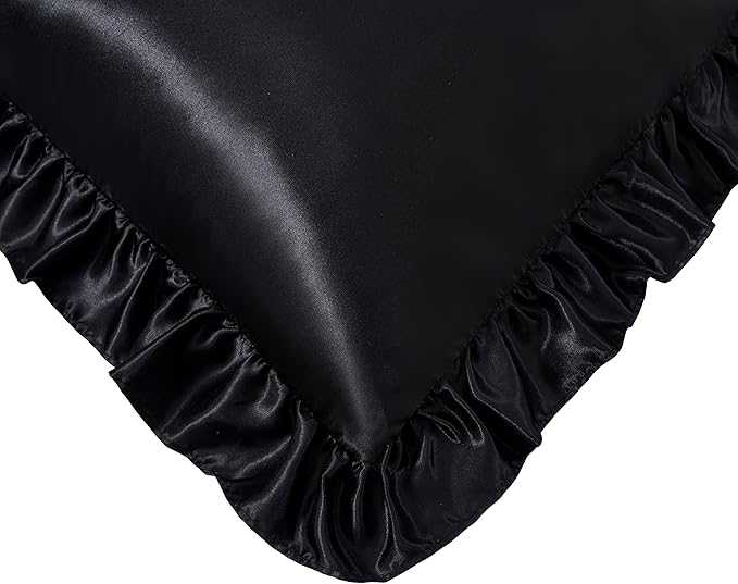 Silky Satin Ruffled Pillow Cases for Hair and Skin,Black Silk Pillowcases Queen Set of 2 with Envelope Closure Princess Room Decoration