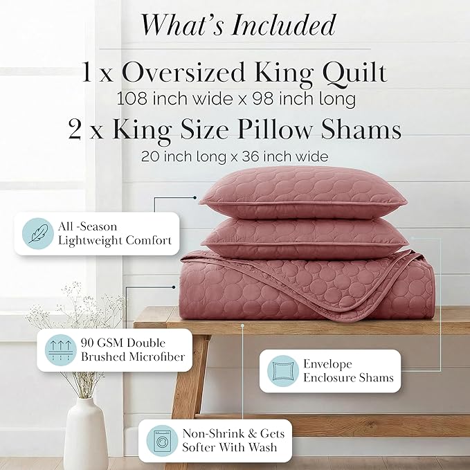 Southshore Fine Living, Inc. Oversized Quilts for King Bed, Soft Coverlet, Lightweight Bedspread, 3-Piece Set with Two Matching Quilted Pillow Shams, All Season Cal/King Quilt, Withered Rose Quilt