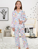 EPLAZA Kids Satin Pajamas Sets Girls Boys Button-Down Silky Pajamas Sleepwear with Hairband Eye Mask Hair Tie