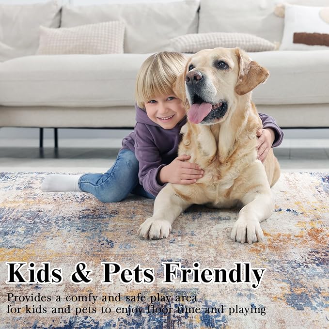 Area Rug 8x10 Washable Rugs Modern Abstract Area Rug Soft Non-Slip Non-Shedding Faux Wool Stain Resistant Floor Carpets for Living Room Bedroom Dining Room Kids Room Home Office (Beige, Brown)