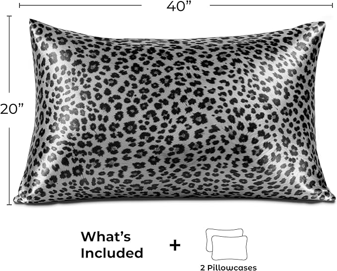 Pure Bedding Satin Pillowcase 2 Pack - King Size (20"x40", Silver Leopard) - Silky Pillow Cases for Hair and Skin - Satin Pillow Covers with Envelope Closure - Extra Soft Premium Microfiber