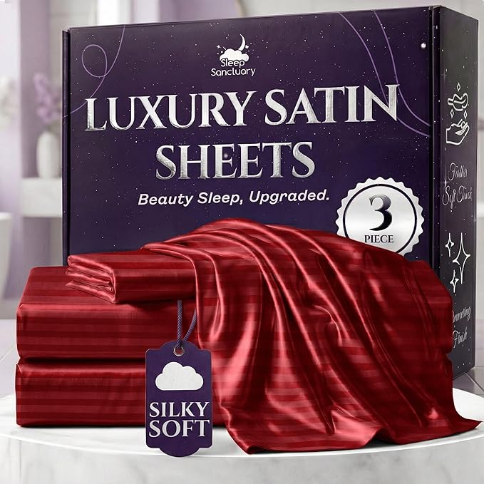 SLEEP SANCTUARY Satin Sheets Twin Size – 3 Piece Luxury Silky Bed Set, Softer Than Silk, 15" Deep Pocket, Cooling & Wrinkle-Free, Moisture-Wicking & Breathable for Hair & Skin (Striped Red)