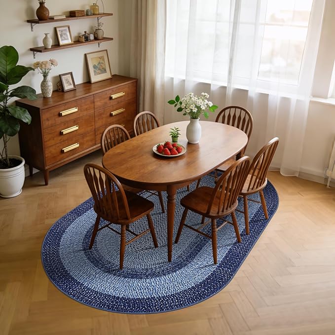 5x8 Oval Living Room Area Rug Washable Modern Border Bedroom Bedside Area Rugs Non Slip Low Pile Dining Room Oval Throw Carpet Contemporary Rugs for Living Room Kitchen Nursery, Navy