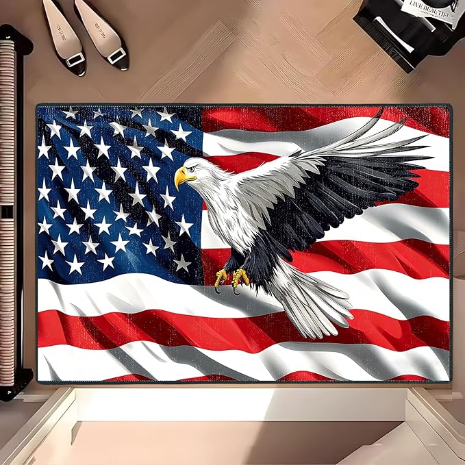 Eagle Flag Independence Day Area Rug 2x3 ft Entry Rug Washable Boho Rugs Non Slip Low Pile Floral Door Mat Small Carpet for Bedroom, Bedside, Kids Room, Office, Dining Room