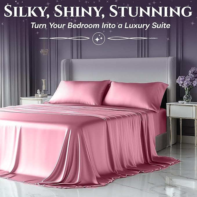 SLEEP SANCTUARY Satin Sheets Full Size – 4 Piece Luxury Silky Bed Set, Softer Than Silk, 15" Deep Pocket, Cooling & Wrinkle-Free, Moisture-Wicking & Breathable for Hair & Skin (Pink)