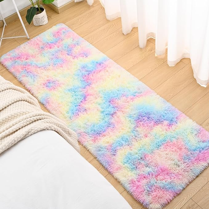Softlife Area Rug for Bedroom, Fluffy Shag Plush Tie Dyed Rainbow Rugs for Living Room Girls, Shaggy Throw Carpet for Kids Soft Fuzzy Runner Small 2x6 Runners for Hallways Dorm