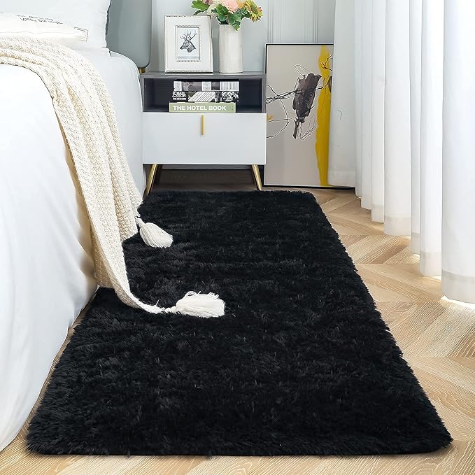 ISEAU Fluffy Runner Rug for Bedroom Plush Area Rugs, Shag Carpet with Rubber Backing Non Slip, Comfy Nursery Mat Bedside Mats for Kids Boys Room Home Decor, 2ft x 6ft, Black