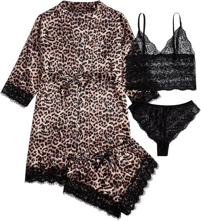 WDIRARA Women' Silk Satin Pajamas Set 4pcs Lingerie Floral Lace Cami Sleepwear with Robe